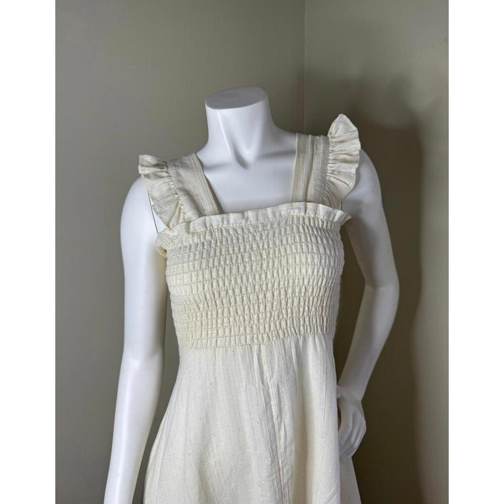 Vintage Cream Linen Ruffle Midi Dress Smocked Bodice Cottagecore - Picture 2 of 4